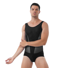 Load image into Gallery viewer, Mens Erotic Jumpsuits Semi-see through Sheer Mesh Patchwork Wrestling Sport Bodysuit Sleeveless Bulge Pouch Leatord Swimsuit