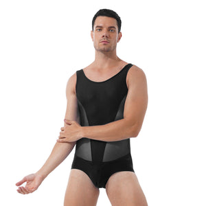 Mens Erotic Jumpsuits Semi-see through Sheer Mesh Patchwork Wrestling Sport Bodysuit Sleeveless Bulge Pouch Leatord Swimsuit