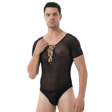 Load image into Gallery viewer, Mens Erotic Lingerie Bodycon See-through Mesh Deep V Neck Jumpsuit Crisscross Lace-up Front Short Sleeve Sheer Romper Nightwear