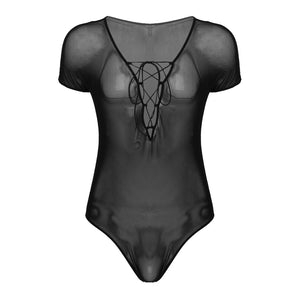 Mens Erotic Lingerie Bodycon See-through Mesh Deep V Neck Jumpsuit Crisscross Lace-up Front Short Sleeve Sheer Romper Nightwear