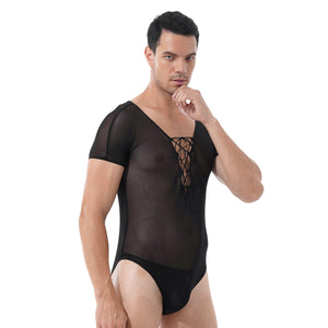 Mens Erotic Lingerie Bodycon See-through Mesh Deep V Neck Jumpsuit Crisscross Lace-up Front Short Sleeve Sheer Romper Nightwear