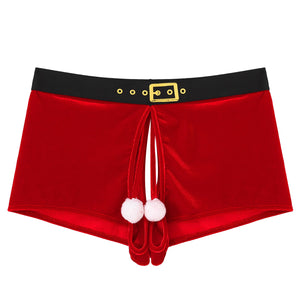 Mens Erotic Lingerie Christmas Underwear Crotchless Velvet Boxer Shorts Underpants Sissy Male Fluffy Ball Decor New Year Panties