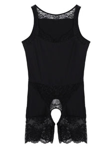 Mens Erotic Lingerie Crotchless Bodysuit Lace Patchwork Scoop Neck Sleepwear Bodyshaper Sexy Sissy Open Crotch Nightwear.