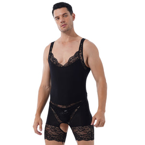 Mens Erotic Lingerie Crotchless Bodysuit Lace Patchwork Scoop Neck Sleepwear Bodyshaper Sexy Sissy Open Crotch Nightwear.