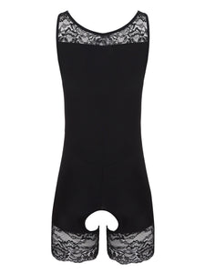 Mens Erotic Lingerie Crotchless Bodysuit Lace Patchwork Scoop Neck Sleepwear Bodyshaper Sexy Sissy Open Crotch Nightwear.