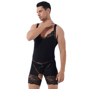 Mens Erotic Lingerie Crotchless Bodysuit Lace Patchwork Scoop Neck Sleepwear Bodyshaper Sexy Sissy Open Crotch Nightwear.