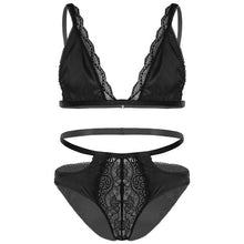 Load image into Gallery viewer, Mens Erotic Underwear Set Floral Lace Trimming Sexy Satin Lingerie Suit Adjustable Shoulder Strap Bra Tops with Low Rise Briefs