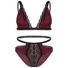Load image into Gallery viewer, Mens Erotic Underwear Set Floral Lace Trimming Sexy Satin Lingerie Suit Adjustable Shoulder Strap Bra Tops with Low Rise Briefs