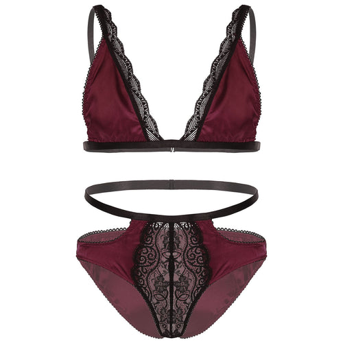 Mens Erotic Underwear Set Floral Lace Trimming Sexy Satin Lingerie Suit Adjustable Shoulder Strap Bra Tops with Low Rise Briefs