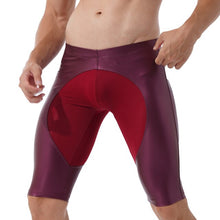 Load image into Gallery viewer, Mens Exercise Workout Fitness Sportswear Faux Leather Patchwork Undershorts Surfing Swimming Trunks Athletic Skinny Short Pants