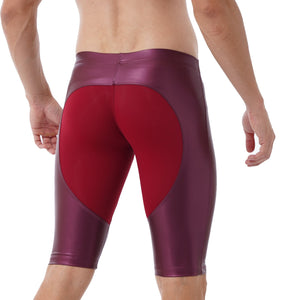 Mens Exercise Workout Fitness Sportswear Faux Leather Patchwork Undershorts Surfing Swimming Trunks Athletic Skinny Short Pants