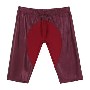 Mens Exercise Workout Fitness Sportswear Faux Leather Patchwork Undershorts Surfing Swimming Trunks Athletic Skinny Short Pants