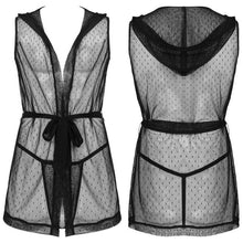 Load image into Gallery viewer, Mens Exotic Lingerie Set See Through Mesh Sleeveless Kimono Hoodie Nightwear Belted Hooded Night Robe with G-string Underpants