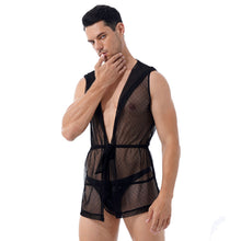 Load image into Gallery viewer, Mens Exotic Lingerie Set See Through Mesh Sleeveless Kimono Hoodie Nightwear Belted Hooded Night Robe with G-string Underpants