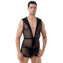 Load image into Gallery viewer, Mens Exotic Lingerie Set See Through Mesh Sleeveless Kimono Hoodie Nightwear Belted Hooded Night Robe with G-string Underpants