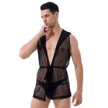 Load image into Gallery viewer, Mens Exotic Lingerie Set See Through Mesh Sleeveless Kimono Hoodie Nightwear Belted Hooded Night Robe with G-string Underpants