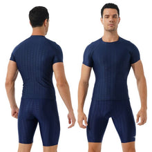 Load image into Gallery viewer, Mens Fish Scale Print Swimsuit Crew Neck Short Sleeve T-shirt with Drawstring Shorts Gym Fitness Breathable Workout Costumes