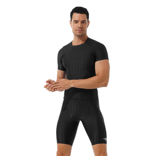 Mens Fish Scale Print Swimsuit Crew Neck Short Sleeve T-shirt with Drawstring Shorts Gym Fitness Breathable Workout Costumes