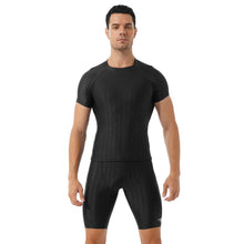 Load image into Gallery viewer, Mens Fish Scale Print Swimsuit Crew Neck Short Sleeve T-shirt with Drawstring Shorts Gym Fitness Breathable Workout Costumes