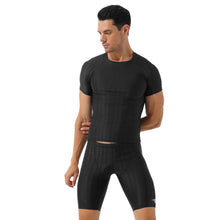 Load image into Gallery viewer, Mens Fish Scale Print Swimsuit Crew Neck Short Sleeve T-shirt with Drawstring Shorts Gym Fitness Breathable Workout Costumes