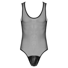 Load image into Gallery viewer, Mens Hollow Fishnet Leotard Bodysuit Adult Sexy Lingerie U Neck Sleeveless Leather Bulge Pouch Jumpsuit Clubwear Exotic Costumes