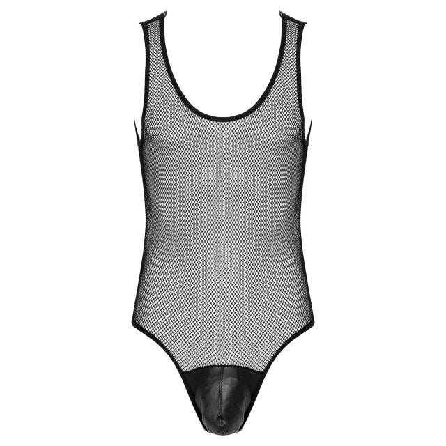 Mens Hollow Fishnet Leotard Bodysuit Adult Sexy Lingerie U Neck Sleeveless Leather Bulge Pouch Jumpsuit Clubwear Exotic Costumes