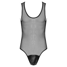 Load image into Gallery viewer, Mens Hollow Fishnet Leotard Bodysuit Adult Sexy Lingerie U Neck Sleeveless Leather Bulge Pouch Jumpsuit Clubwear Exotic Costumes