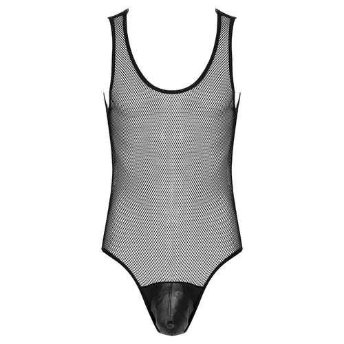 Mens Hollow Fishnet Leotard Bodysuit Adult Sexy Lingerie U Neck Sleeveless Leather Bulge Pouch Jumpsuit Clubwear Exotic Costumes
