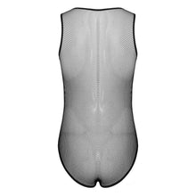 Load image into Gallery viewer, Mens Hollow Fishnet Leotard Bodysuit Adult Sexy Lingerie U Neck Sleeveless Leather Bulge Pouch Jumpsuit Clubwear Exotic Costumes