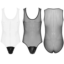 Load image into Gallery viewer, Mens Hollow Fishnet Leotard Bodysuit Adult Sexy Lingerie U Neck Sleeveless Leather Bulge Pouch Jumpsuit Clubwear Exotic Costumes