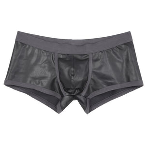 Mens Hot Faux Leather Boxer Shorts Sports Swimming Trunks Swimwear Bulge Pouch Low Waist Elastic Waistband Underpants Underwear
