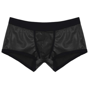 Mens Hot Faux Leather Boxer Shorts Sports Swimming Trunks Swimwear Bulge Pouch Low Waist Elastic Waistband Underpants Underwear