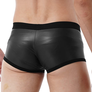 Mens Hot Faux Leather Boxer Shorts Sports Swimming Trunks Swimwear Bulge Pouch Low Waist Elastic Waistband Underpants Underwear