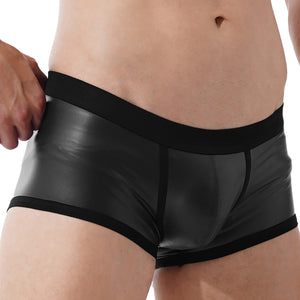 Mens Hot Faux Leather Boxer Shorts Sports Swimming Trunks Swimwear Bulge Pouch Low Waist Elastic Waistband Underpants Underwear