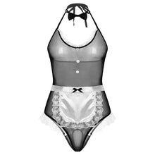 Load image into Gallery viewer, Mens Lingerie Maid Costume Sexy Role Play Outfit Halter Backless Lace Trim Bodysuit with Apron Bow Tie Mesh Sexy Erotic Clothing