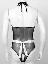Load image into Gallery viewer, Mens Lingerie Maid Costume Sexy Role Play Outfit Halter Backless Lace Trim Bodysuit with Apron Bow Tie Mesh Sexy Erotic Clothing