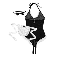 Load image into Gallery viewer, Mens Lingerie Maid Costume Sexy Role Play Outfit Halter Backless Lace Trim Bodysuit with Apron Bow Tie Mesh Sexy Erotic Clothing
