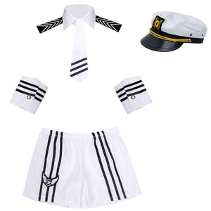 Mens Lingerie Navy Police Uniform Sex Cosplay Suit Erotic Sexy Shorts with Cap Collar Tie Cuffs Outfits Role Play Games Clothing