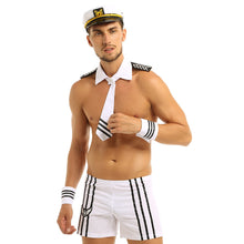 Load image into Gallery viewer, Mens Lingerie Navy Police Uniform Sex Cosplay Suit Erotic Sexy Shorts with Cap Collar Tie Cuffs Outfits Role Play Games Clothing