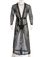 Load image into Gallery viewer, Mens Lingerie See-through Sissy Crossdresser Night-Gown with Lace-up G-string Dot Pattern Mesh Lace Trim Kimono Bathrobe Belted