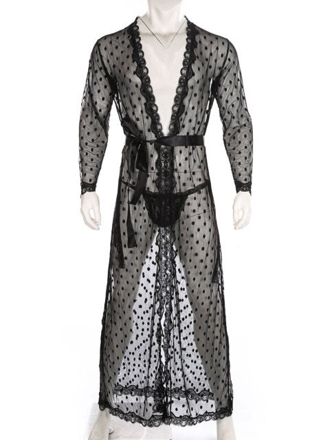 Mens Lingerie See-through Sissy Crossdresser Night-Gown with Lace-up G-string Dot Pattern Mesh Lace Trim Kimono Bathrobe Belted