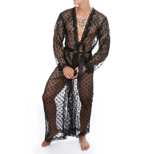 Mens Lingerie See-through Sissy Crossdresser Night-Gown with Lace-up G-string Dot Pattern Mesh Lace Trim Kimono Bathrobe Belted