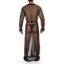 Load image into Gallery viewer, Mens Lingerie See-through Sissy Crossdresser Night-Gown with Lace-up G-string Dot Pattern Mesh Lace Trim Kimono Bathrobe Belted