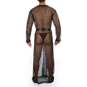 Mens Lingerie See-through Sissy Crossdresser Night-Gown with Lace-up G-string Dot Pattern Mesh Lace Trim Kimono Bathrobe Belted