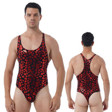 Load image into Gallery viewer, Mens Lip/ Skull Print Bodysuit Fashion Romper Jumpsuit Round Neck Sleeveless High Cut Slim Leatord One-piece Swimsuit Swimwear