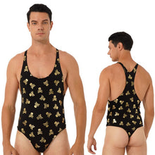 Load image into Gallery viewer, Mens Lip/ Skull Print Bodysuit Fashion Romper Jumpsuit Round Neck Sleeveless High Cut Slim Leatord One-piece Swimsuit Swimwear