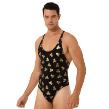 Load image into Gallery viewer, Mens Lip/ Skull Print Bodysuit Fashion Romper Jumpsuit Round Neck Sleeveless High Cut Slim Leatord One-piece Swimsuit Swimwear
