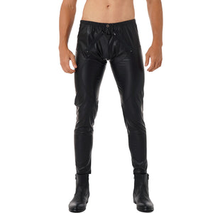 Mens Motor Biker Tight Pants Zipper Front Trousers Skinny Pencil Pants Faux Leather Leggings Leggings Rave Bar Clubwear