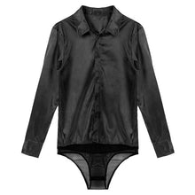 Load image into Gallery viewer, Mens One-piece Turn-down Collar Button Closure Satin Catsuit Long Sleeve Casual Button Down See Through Mesh Bottom Sexy Bodycon