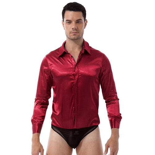 Mens One-piece Turn-down Collar Button Closure Satin Catsuit Long Sleeve Casual Button Down See Through Mesh Bottom Sexy Bodycon